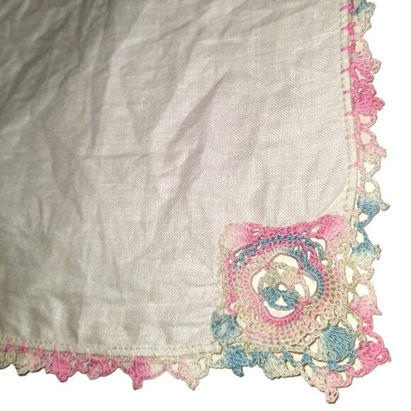 Vintage Muslin Handkerchief with Crocheted Border Doily Hanky Pastel Pink Blue - Picture 1 of 4